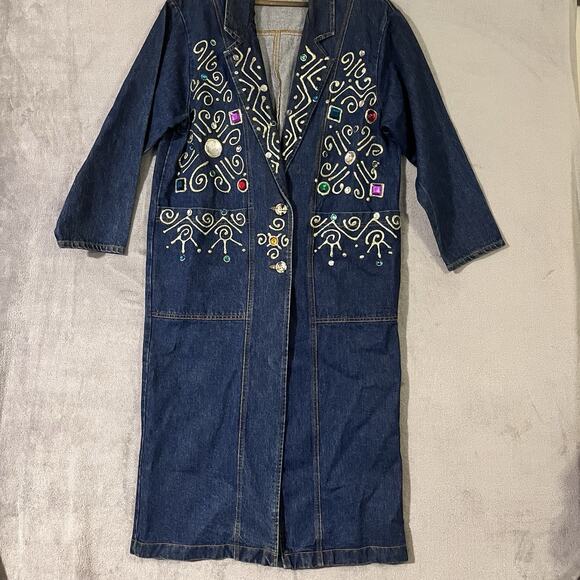 Vtg Embellished Denim Long Duster Jacket Gaudy Bejeweled Coat Women M* Heavy - Picture 1 of 12